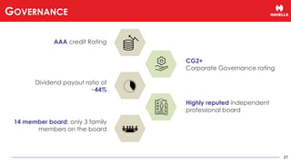 AAA credit Rating
CG2+
Corporate Governance rating
Dividend payout ratio of
~44%
Highly reputed independent
professional board
14 member board; only 3 family
members on the board
27
GOVERNANCE
 