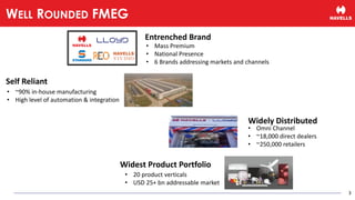 • Mass Premium
• National Presence
• 6 Brands addressing markets and channels
Entrenched Brand
Self Reliant
• ~90% in-house manufacturing
• High level of automation & integration
• 20 product verticals
• USD 25+ bn addressable market
Widest Product Portfolio
Widely Distributed
• Omni Channel
• ~18,000 direct dealers
• ~250,000 retailers
3
WELL ROUNDED FMEG
 