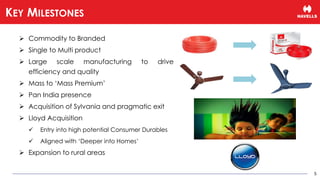 ➢ Commodity to Branded
➢ Single to Multi product
➢ Large scale manufacturing to drive
efficiency and quality
➢ Mass to ‘Mass Premium’
➢ Pan India presence
➢ Acquisition of Sylvania and pragmatic exit
➢ Lloyd Acquisition
✓ Entry into high potential Consumer Durables
✓ Aligned with ‘Deeper into Homes’
➢ Expansion to rural areas
5
KEY MILESTONES
 