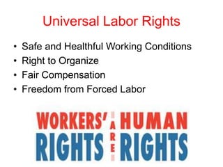 Universal Labor Rights
• Safe and Healthful Working Conditions
• Right to Organize
• Fair Compensation
• Freedom from Forced Labor
 