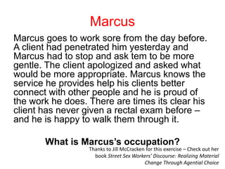 Marcus goes to work sore from the day before.
A client had penetrated him yesterday and
Marcus had to stop and ask tem to be more
gentle. The client apologized and asked what
would be more appropriate. Marcus knows the
service he provides help his clients better
connect with other people and he is proud of
the work he does. There are times its clear his
client has never given a rectal exam before –
and he is happy to walk them through it.
What is Marcus’s occupation?
Marcus
Thanks to Jill McCracken for this exercise – Check out her
book Street Sex Workers’ Discourse: Realizing Material
Change Through Agential Choice
 