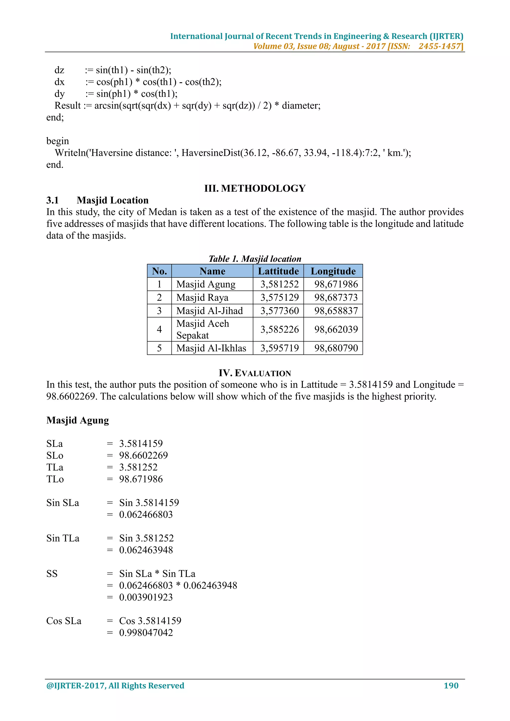 International Journal of Recent Trends in Engineering & Research (IJRTER)
Volume 03, Issue 08; August - 2017 [ISSN: 2455-1457]
@IJRTER-2017, All Rights Reserved 190
dz := sin(th1) - sin(th2);
dx := cos(ph1) * cos(th1) - cos(th2);
dy := sin(ph1) * cos(th1);
Result := arcsin(sqrt(sqr(dx) + sqr(dy) + sqr(dz)) / 2) * diameter;
end;
begin
Writeln('Haversine distance: ', HaversineDist(36.12, -86.67, 33.94, -118.4):7:2, ' km.');
end.
III. METHODOLOGY
3.1 Masjid Location
In this study, the city of Medan is taken as a test of the existence of the masjid. The author provides
five addresses of masjids that have different locations. The following table is the longitude and latitude
data of the masjids.
Table 1. Masjid location
No. Name Lattitude Longitude
1 Masjid Agung 3,581252 98,671986
2 Masjid Raya 3,575129 98,687373
3 Masjid Al-Jihad 3,577360 98,658837
4
Masjid Aceh
Sepakat
3,585226 98,662039
5 Masjid Al-Ikhlas 3,595719 98,680790
IV. EVALUATION
In this test, the author puts the position of someone who is in Lattitude = 3.5814159 and Longitude =
98.6602269. The calculations below will show which of the five masjids is the highest priority.
Masjid Agung
SLa = 3.5814159
SLo = 98.6602269
TLa = 3.581252
TLo = 98.671986
Sin SLa = Sin 3.5814159
= 0.062466803
Sin TLa = Sin 3.581252
= 0.062463948
SS = Sin SLa * Sin TLa
= 0.062466803 * 0.062463948
= 0.003901923
Cos SLa = Cos 3.5814159
= 0.998047042
 