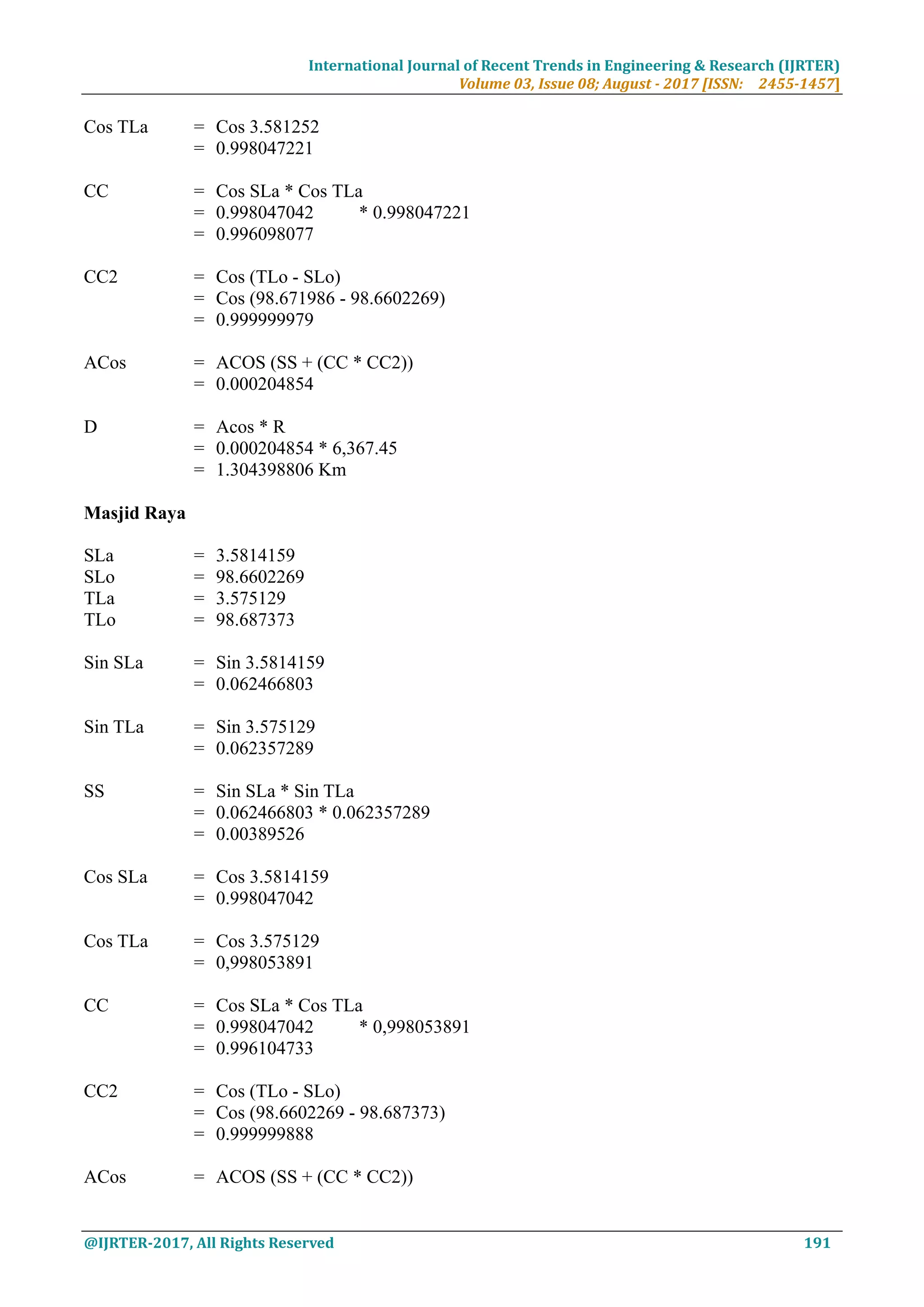 International Journal of Recent Trends in Engineering & Research (IJRTER)
Volume 03, Issue 08; August - 2017 [ISSN: 2455-1457]
@IJRTER-2017, All Rights Reserved 191
Cos TLa = Cos 3.581252
= 0.998047221
CC = Cos SLa * Cos TLa
= 0.998047042 * 0.998047221
= 0.996098077
CC2 = Cos (TLo - SLo)
= Cos (98.671986 - 98.6602269)
= 0.999999979
ACos = ACOS (SS + (CC * CC2))
= 0.000204854
D = Acos * R
= 0.000204854 * 6,367.45
= 1.304398806 Km
Masjid Raya
SLa = 3.5814159
SLo = 98.6602269
TLa = 3.575129
TLo = 98.687373
Sin SLa = Sin 3.5814159
= 0.062466803
Sin TLa = Sin 3.575129
= 0.062357289
SS = Sin SLa * Sin TLa
= 0.062466803 * 0.062357289
= 0.00389526
Cos SLa = Cos 3.5814159
= 0.998047042
Cos TLa = Cos 3.575129
= 0,998053891
CC = Cos SLa * Cos TLa
= 0.998047042 * 0,998053891
= 0.996104733
CC2 = Cos (TLo - SLo)
= Cos (98.6602269 - 98.687373)
= 0.999999888
ACos = ACOS (SS + (CC * CC2))
 