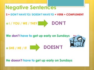  I / YOU / WE / THEY
We don’t have to get up early on Sundays
 SHE / HE / IT
He doesn’t have to get up early on Sundays
DON’T
DOESN’T
Negative Sentences
S + DON’T HAVE TO/ DOESN’T HAVE TO + VERB + COMPLEMENT
 