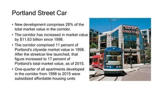 Portland Street Car
• New development comprises 28% of the
total market value in the corridor.
• The corridor has increased in market value
by $11.63 billion since 1998.
• The corridor comprised 11 percent of
Portland's citywide market value in 1998.
After the streetcar line launched, that
figure increased to 17 percent of
Portland's total market value, as of 2015.
• One-quarter of all apartments developed
in the corridor from 1998 to 2015 were
subsidized affordable housing units
 
