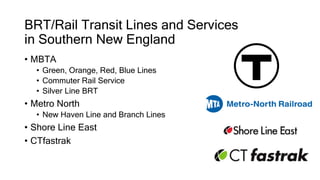 BRT/Rail Transit Lines and Services
in Southern New England
• MBTA
• Green, Orange, Red, Blue Lines
• Commuter Rail Service
• Silver Line BRT
• Metro North
• New Haven Line and Branch Lines
• Shore Line East
• CTfastrak
 