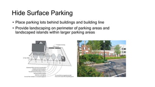 Hide Surface Parking
• Place parking lots behind buildings and building line
• Provide landscaping on perimeter of parking areas and
landscaped islands within larger parking areas
 