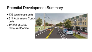 Potential Development Summary
• 132 townhouse units
• 514 Apartment/ Condo
units
• 42,000 sf retail/
restaurant/ office
 