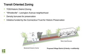 Transit Oriented Zoning
 TOD/Historic District Zoning
 “Whistleville” – Lexington Avenue neighborhood
 Density bonuses for preservation
 Initiative funded by the Connecticut Trust for Historic Preservation
Proposed Village District (2-family + multifamily)Restored historic home
New townhouses
 