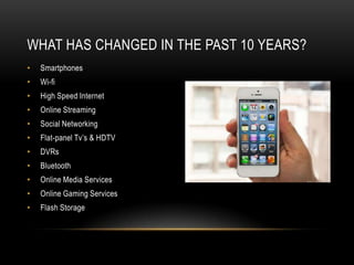 WHAT HAS CHANGED IN THE PAST 10 YEARS?
• Smartphones
• Wi-fi
• High Speed Internet
• Online Streaming
• Social Networking
• Flat-panel Tv’s & HDTV
• DVRs
• Bluetooth
• Online Media Services
• Online Gaming Services
• Flash Storage
 