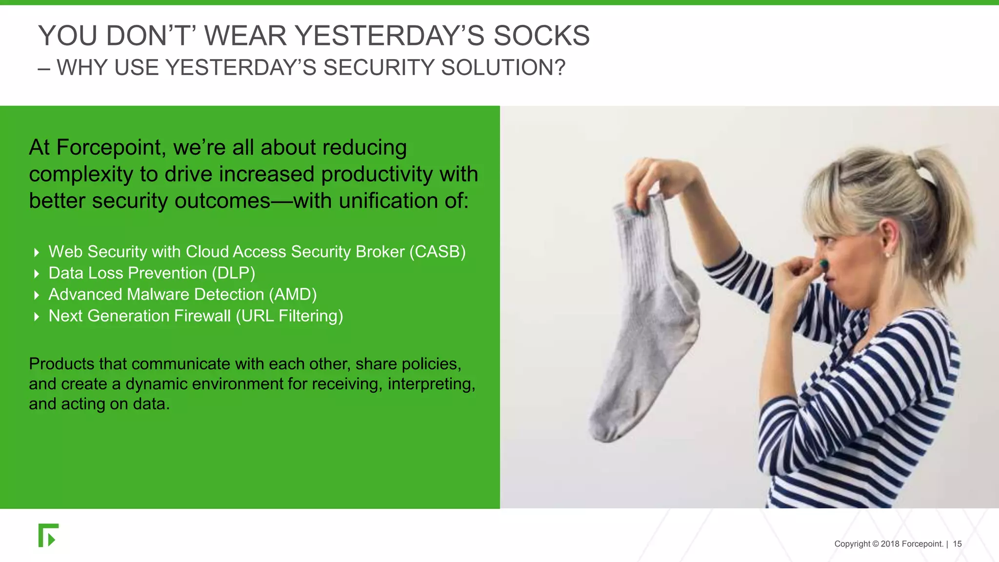 Copyright © 2018 Forcepoint. | 15
YOU DON’T’ WEAR YESTERDAY’S SOCKS
– WHY USE YESTERDAY’S SECURITY SOLUTION?
At Forcepoint, we’re all about reducing
complexity to drive increased productivity with
better security outcomes—with unification of:
 Web Security with Cloud Access Security Broker (CASB)
 Data Loss Prevention (DLP)
 Advanced Malware Detection (AMD)
 Next Generation Firewall (URL Filtering)
Products that communicate with each other, share policies,
and create a dynamic environment for receiving, interpreting,
and acting on data.
 
