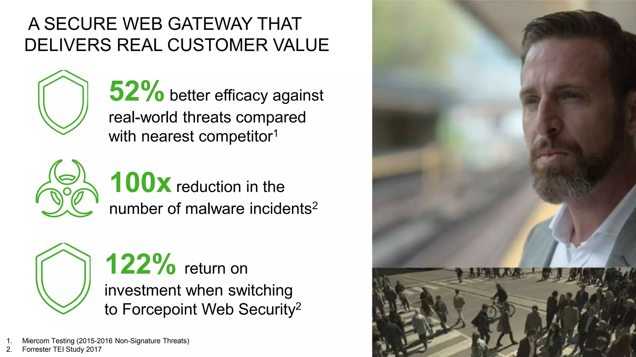 Copyright © 2018 Forcepoint | 18
A SECURE WEB GATEWAY THAT
DELIVERS REAL CUSTOMER VALUE
122% return on
investment when switching
to Forcepoint Web Security2
100x reduction in the
number of malware incidents2
52% better efficacy against
real-world threats compared
with nearest competitor1
1. Miercom Testing (2015-2016 Non-Signature Threats)
2. Forrester TEI Study 2017
 