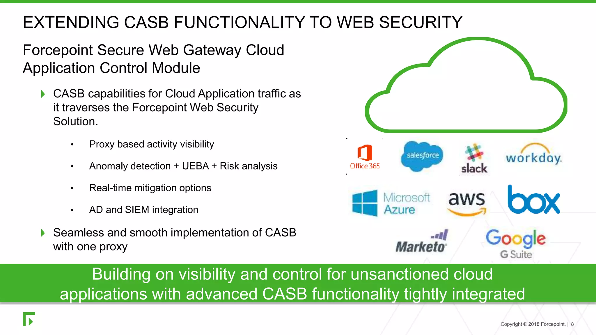 Copyright © 2018 Forcepoint. | 8
EXTENDING CASB FUNCTIONALITY TO WEB SECURITY
Forcepoint Secure Web Gateway Cloud
Application Control Module
CASB capabilities for Cloud Application traffic as
it traverses the Forcepoint Web Security
Solution.
• Proxy based activity visibility
• Anomaly detection + UEBA + Risk analysis
• Real-time mitigation options
• AD and SIEM integration
Seamless and smooth implementation of CASB
with one proxy
Building on visibility and control for unsanctioned cloud
applications with advanced CASB functionality tightly integrated
 