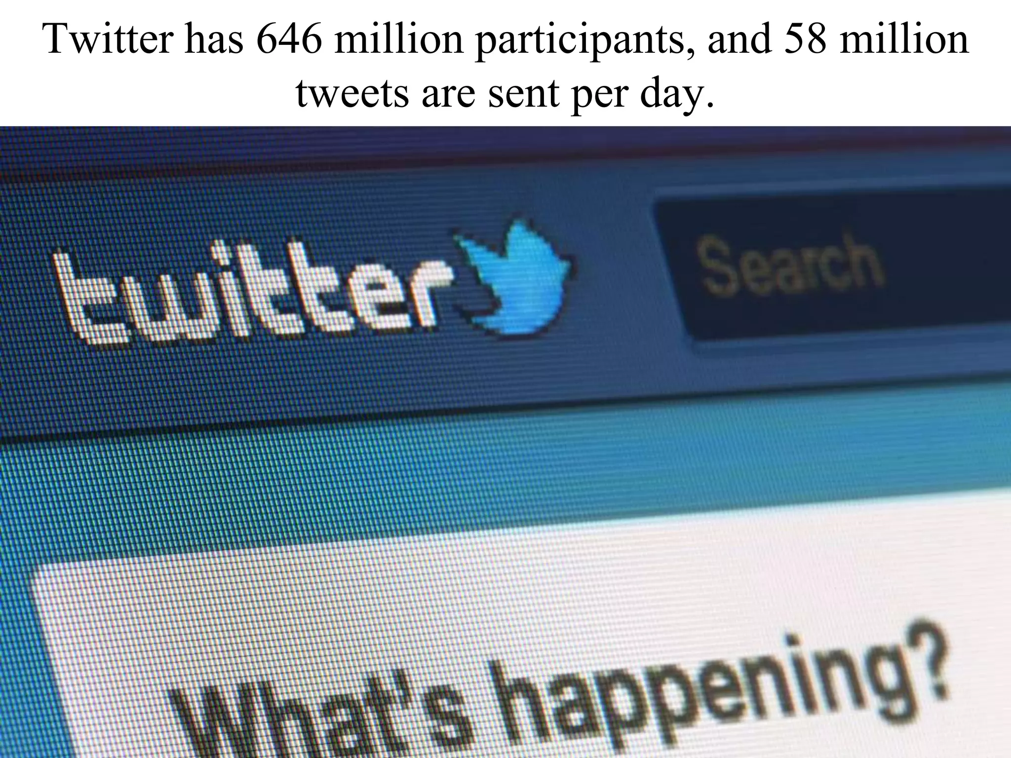 Twitter has 646 million participants, and 58 million
tweets are sent per day.
 