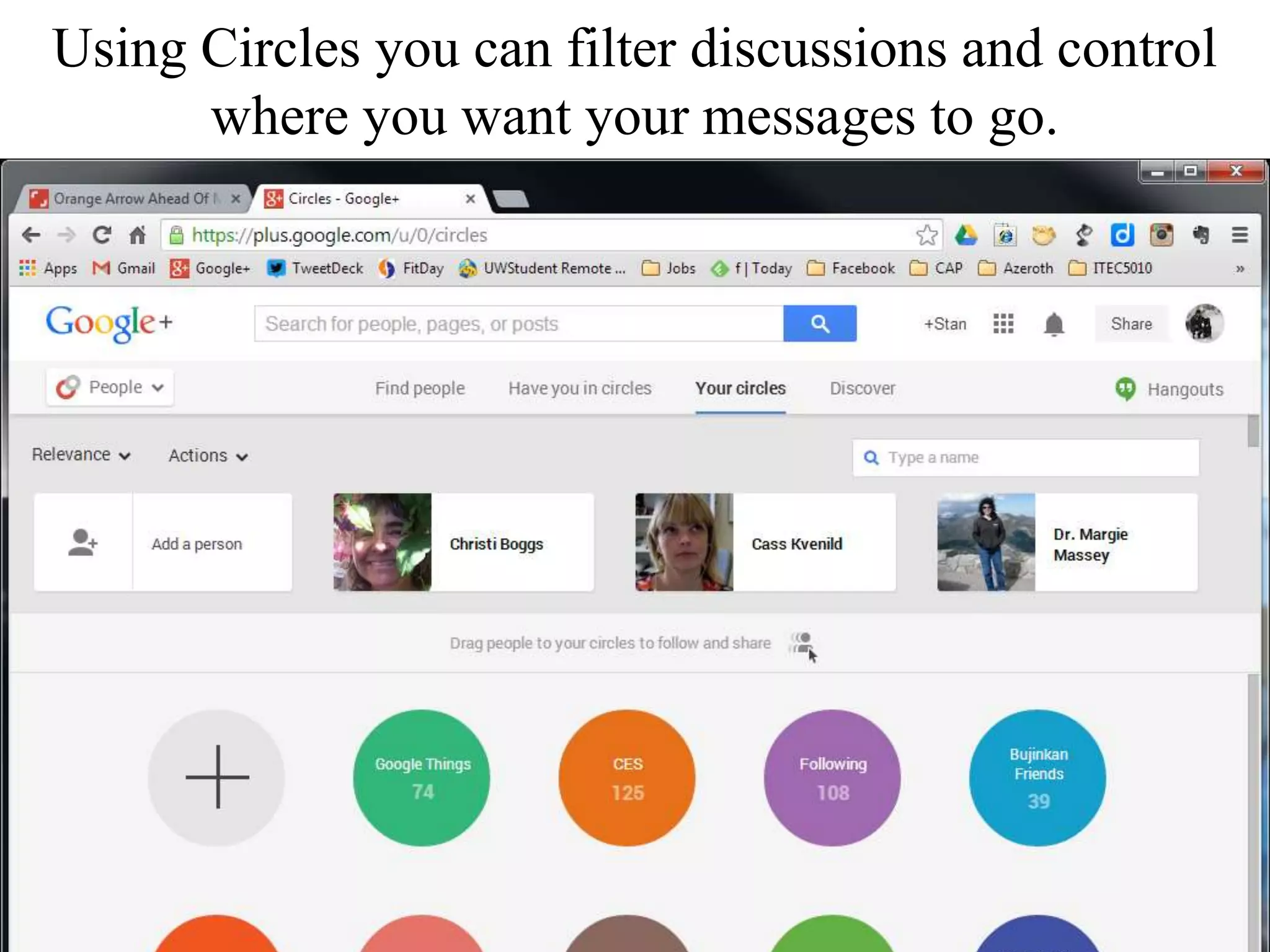Using Circles you can filter discussions and control
where you want your messages to go.
 