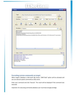 Executing system commands on target
When target’s database is Microsoft SQL Server, ‘CMD Shell’ option will be activated and
you can execute system commands on SQL server.

Enter your command and click ‘Execute’. The result will be displayed if the command was
executed.

Important: for executing commands database user must have enough privilege.
 