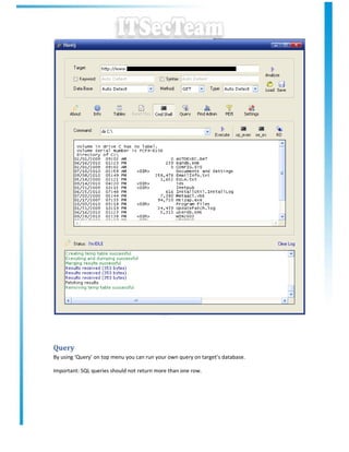 Query
By using ‘Query’ on top menu you can run your own query on target’s database.

Important: SQL queries should not return more than one row.
 