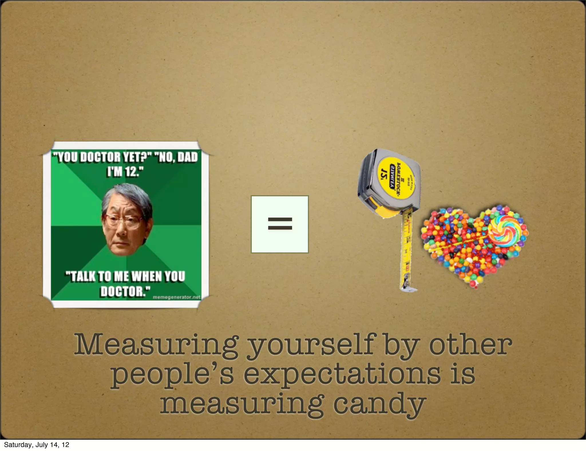 =

                        Measuring yourself by other
                         people’s expectations is
                            measuring candy
Saturday, July 14, 12
 