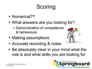 w: www.thebusinessspringboard.co.uk
t: 0113 2089922
Business Savvy, Training Know How
Scoring
 Numerical??
 What answers are you looking for?
 Demonstration of competence
& behaviours
 Making assumptions
 Accurate recording & notes
 Be absolutely clear in your mind what the
role is and what skills you are looking for
 