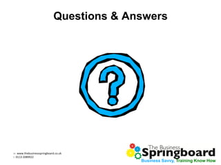 w: www.thebusinessspringboard.co.uk
t: 0113 2089922
Business Savvy, Training Know How
Questions & Answers
 