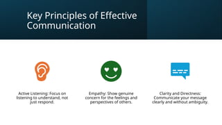 Key Principles of Effective
Communication
Active Listening: Focus on
listening to understand, not
just respond.
Empathy: Show genuine
concern for the feelings and
perspectives of others.
Clarity and Directness:
Communicate your message
clearly and without ambiguity.
 