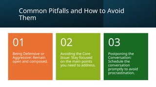 Common Pitfalls and How to Avoid
Them
Being Defensive or
Aggressive: Remain
open and composed.
01
Avoiding the Core
Issue: Stay focused
on the main points
you need to address.
02
Postponing the
Conversation:
Schedule the
conversation
promptly to avoid
procrastination.
03
 