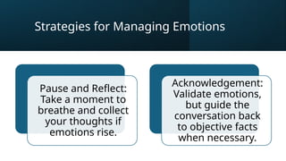 Strategies for Managing Emotions
Pause and Reflect:
Take a moment to
breathe and collect
your thoughts if
emotions rise.
Acknowledgement:
Validate emotions,
but guide the
conversation back
to objective facts
when necessary.
 