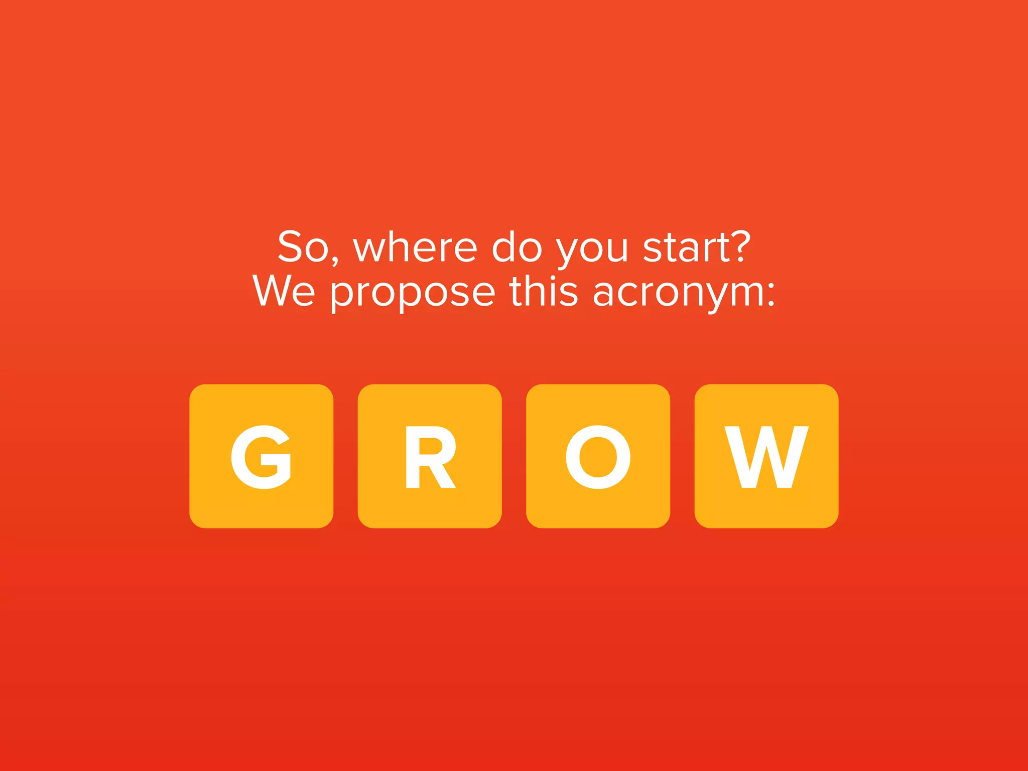 So, where do you start?
We propose this acronym:
G R O W
 