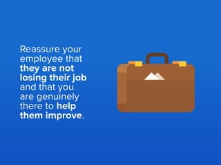 “Hi Chris, I’ve called for this meeting to work
out some ways that we can improve the way
you have been communicating with others.
This is important as we are a team that
emphasizes collaboration. I am here to help
you get there.”
What to say:
 