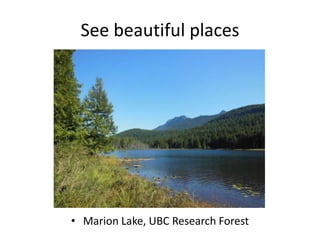 See beautiful places

• Marion Lake, UBC Research Forest

 