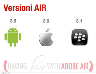 Versioni AIR
                  3.6   3.6       3.1




             HAVING
Friday, March 1, 13
                         WITH ADOBE AIR
 