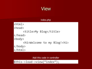 View
<html>
<head>
<title>My Blog</title>
</head>
<body>
<h1>Welcome to my Blog!<h1>
</body>
</html>
index.php
$this->load->view(“index”);
Add this code in controller
 