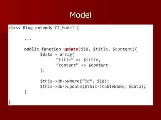 Model
class Blog extends CI_Model {
...
public function update($id, $title, $content){
$data = array(
“title” => $title,
“content” => $content
);
$this->db->where(“id”, $id);
$this->db->update($this->tableName, $data);
}
}
 