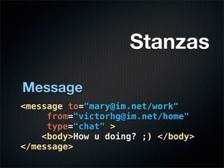 Stanzas

Message
<message to="mary@im.net/work"
     from="victorhg@im.net/home"
     type="chat" >
    <body>How u doing? ;) </body>
</message>
 