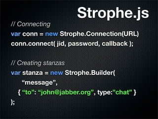 Strophe.js
// Connecting
var conn = new Strophe.Connection(URL)
conn.connect( jid, password, callback );

// Creating stanzas
var stanza = new Strophe.Builder(
     “message”,
   { “to”: “john@jabber.org”, type:”chat” }
);
 