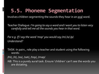 5.5. Phoneme Segmentation
Involves children segmenting the sounds they hear in an oral word.

Teacher Dialogue: I’m going to say a word and I want you to listen very
  carefully and tell me all the sounds you hear in that word.

For e.g. If I say the word ‘mop’ you would say /m/ /o/ /p/.
Understand?

TASK: In pairs , role play a teacher and student using the following
   words:
/Hi/, /it/, /so/, /sat/, /top/, /map/
NB: This is a purely aural task. Ensure ‘children’ can’t see the words you
   are dictating.
 
