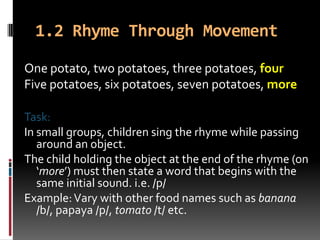 1.2 Rhyme Through Movement

One potato, two potatoes, three potatoes, four
Five potatoes, six potatoes, seven potatoes, more

Task:
In small groups, children sing the rhyme while passing
   around an object.
The child holding the object at the end of the rhyme (on
   ‘more’) must then state a word that begins with the
   same initial sound. i.e. /p/
Example: Vary with other food names such as banana
   /b/, papaya /p/, tomato /t/ etc.
 