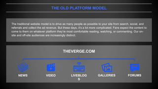 THE OLD PLATFORM MODEL
The traditional website model is to drive as many people as possible to your site from search, social, and
referrals and collect the ad revenue. But these days, it’s a lot more complicated. Fans expect the content to
come to them on whatever platform they’re most comfortable reading, watching, or commenting. Our on-
site and off-site audiences are increasingly distinct.
NEWS VIDEO LIVEBLOG
S
GALLERIES FORUMS
THEVERGE.COM
 
