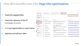 Proprietary + ConﬁdentialProprietary + Conﬁdential
How SEO benefits from DSA: Page title optimisation
1. Check the targeted URLs
2. Check the relevance of the LP
(campaign structure)
3. Find new opportunities in search terms
4. Optimise and A/B test <title>
 