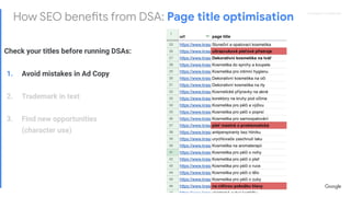 Proprietary + ConﬁdentialProprietary + Conﬁdential
How SEO benefits from DSA: Page title optimisation
Check your titles before running DSAs:
1. Avoid mistakes in Ad Copy
2. Trademark in text
3. Find new opportunities
(character use)
 