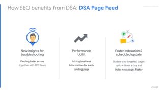 Proprietary + ConﬁdentialProprietary + Conﬁdential
Performance
Uplift
Adding business
information for each
landing page
Faster indexation &
scheduled update
Update your targeted pages
up to 4 times a day and
index new pages faster
How SEO benefits from DSA: DSA Page Feed
New insights for
troubleshooting
Finding index errors
together with PPC team
 