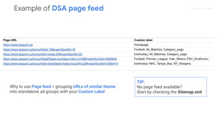 Proprietary + Conﬁdential
TIP:
No page feed available?
Start by checking the Sitemap.xml
Why to use Page feed = grouping URLs of similar theme
into standalone ad groups with your Custom Label
Example of DSA page feed
 