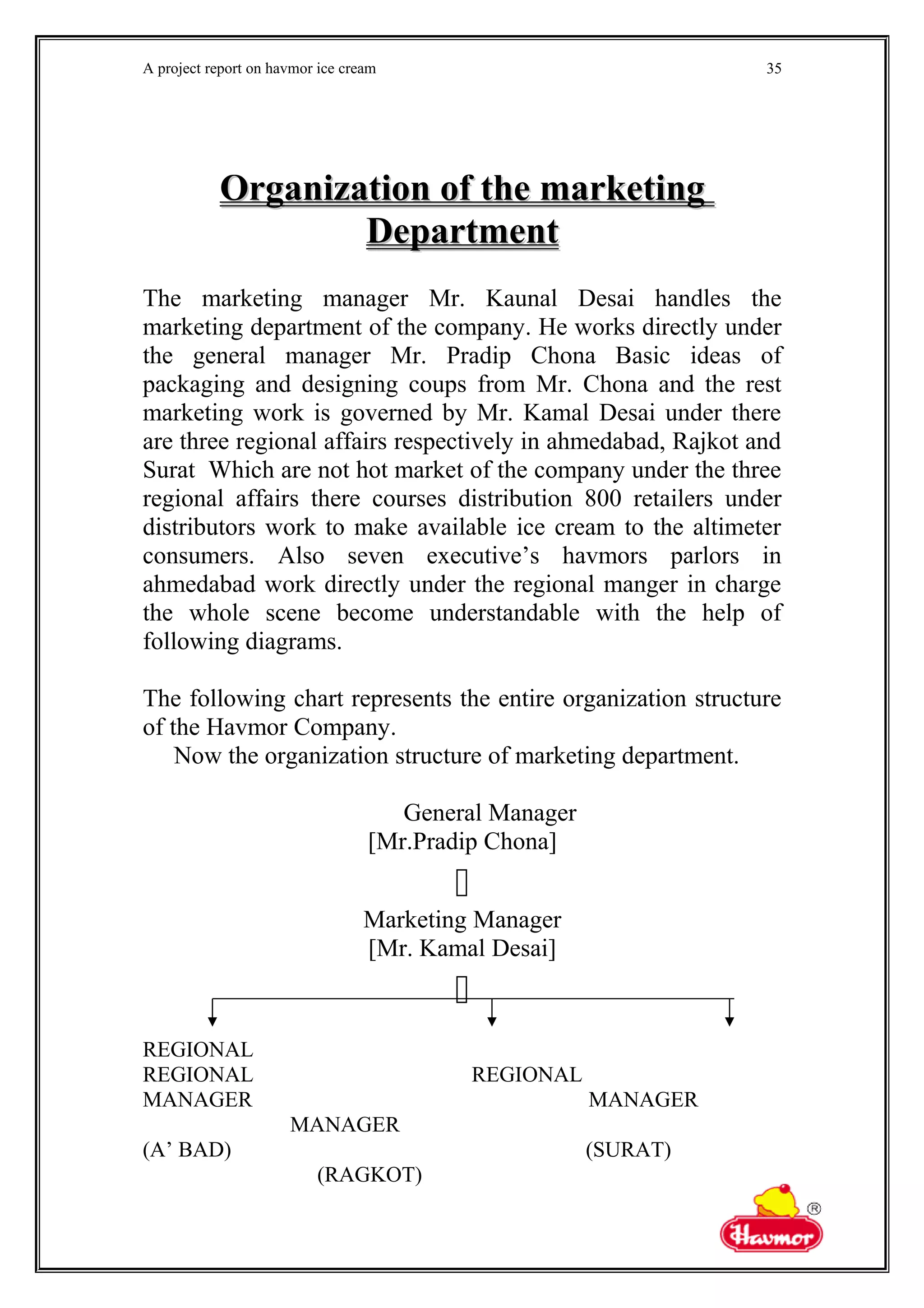 A project report on havmor ice cream
Organization of the marketingOrganization of the marketing
DepartmentDepartment
The marketing manager Mr. Kaunal Desai handles the
marketing department of the company. He works directly under
the general manager Mr. Pradip Chona Basic ideas of
packaging and designing coups from Mr. Chona and the rest
marketing work is governed by Mr. Kamal Desai under there
are three regional affairs respectively in ahmedabad, Rajkot and
Surat Which are not hot market of the company under the three
regional affairs there courses distribution 800 retailers under
distributors work to make available ice cream to the altimeter
consumers. Also seven executive’s havmors parlors in
ahmedabad work directly under the regional manger in charge
the whole scene become understandable with the help of
following diagrams.
The following chart represents the entire organization structure
of the Havmor Company.
Now the organization structure of marketing department.
General Manager
[Mr.Pradip Chona]

Marketing Manager
[Mr. Kamal Desai]

REGIONAL
REGIONAL REGIONAL
MANAGER MANAGER
MANAGER
(A’ BAD) (SURAT)
(RAGKOT)
35
 