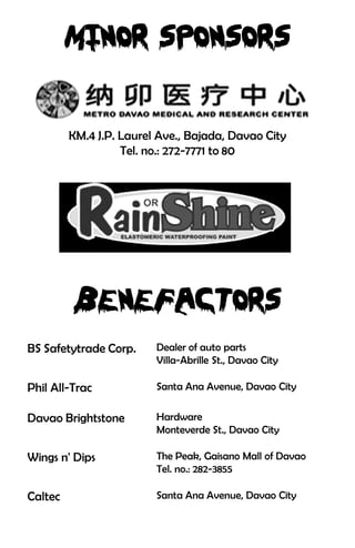 KM.4 J.P. Laurel Ave., Bajada, Davao City
                   Tel. no.: 272-7771 to 80




BS Safetytrade Corp.     Dealer of auto parts
                         Villa-Abrille St., Davao City

Phil All-Trac            Santa Ana Avenue, Davao City

Davao Brightstone        Hardware
                         Monteverde St., Davao City

Wings n' Dips            The Peak, Gaisano Mall of Davao
                         Tel. no.: 282-3855

Caltec                   Santa Ana Avenue, Davao City
 