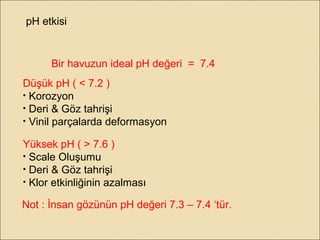 pH etkisi
Bir havuzun ideal pH değeri = 7.4
Düşük pH ( < 7.2 )
• Korozyon
• Deri & Göz tahrişi
• Vinil parçalarda deformasyon
Yüksek pH ( > 7.6 )
• Scale Oluşumu
• Deri & Göz tahrişi
• Klor etkinliğinin azalması
Not : İnsan gözünün pH değeri 7.3 – 7.4 ‘tür.
 