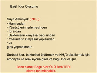 Bağlı Klor Oluşumu
Suya Amonyak ( NH3 )
• Ham sudan
• Yüzücülerin terlemesinden
• İdrardan
• Bakterilerin kimyasal yapısından
• Yosunların kimyasal yapısından
• vs.
giriş yapmaktadır.
Serbest klor, bakterileri öldürmek ve NH3’ü oksitlemek için
amonyak ile reaksiyona girer ve bağlı klor oluşur.
Basit olarak Bağlı Klor ÖLÜ BAKTERİ
olarak tanımlanabilir.
 
