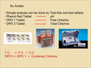 Su Analizi
• Simple analysis can be done by Test-Kits and test tablets.
• Phenol Red Tablet pH
• DPD 1 Tablet Free Chlorine
• DPD 3 Tablet Total Chlorine
T.C. = F.C. + C.C
DPD 3 = DPD 1 + Combined Chlorine
 