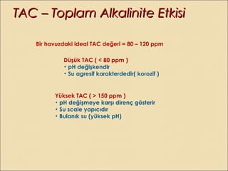 Bir havuzdaki ideal TAC değeri = 80 – 120 ppm
Düşük TAC ( < 80 ppm )
• pH değişkendir
• Su agresif karakterdedir( korozif )
Yüksek TAC ( > 150 ppm )
• pH değişmeye karşı direnç gösterir
• Su scale yapıcıdır
• Bulanık su (yüksek pH)
TAC – Toplam Alkalinite EtkisiTAC – Toplam Alkalinite Etkisi
 
