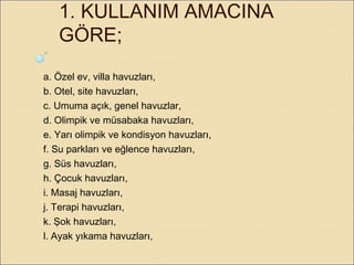 1. KULLANIM AMACINA
GÖRE;
a. Özel ev, villa havuzları,
b. Otel, site havuzları,
c. Umuma açık, genel havuzlar,
d. Olimpik ve müsabaka havuzları,
e. Yarı olimpik ve kondisyon havuzları,
f. Su parkları ve eğlence havuzları,
g. Süs havuzları,
h. Çocuk havuzları,
i. Masaj havuzları,
j. Terapi havuzları,
k. Şok havuzları,
l. Ayak yıkama havuzları,
 
