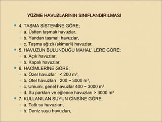  4. TAŞMA SİSTEMİNE GÖRE;
◦ a. Üstten taşmalı havuzlar,
◦ b. Yandan taşmalı havuzlar,
◦ c. Taşma ağızlı (skimerli) havuzlar,
 5. HAVUZUN BULUNDUĞU MAHAL’ LERE GÖRE;
◦ a. Açık havuzlar,
◦ b. Kapalı havuzlar,
 6. HACİMLERİNE GÖRE;
◦ a. Özel havuzlar < 200 m³,
◦ b. Otel havuzları 200 ~ 3000 m³,
◦ c. Umumi, genel havuzlar 400 ~ 3000 m³
◦ d. Su parkları ve eğlence havuzları > 3000 m³
 7. KULLANILAN SUYUN CİNSİNE GÖRE;
◦ a. Tatlı su havuzları,
◦ b. Deniz suyu havuzları,
YÜZME HAVUZLARININ SINIFLANDIRILMASIYÜZME HAVUZLARININ SINIFLANDIRILMASI
 